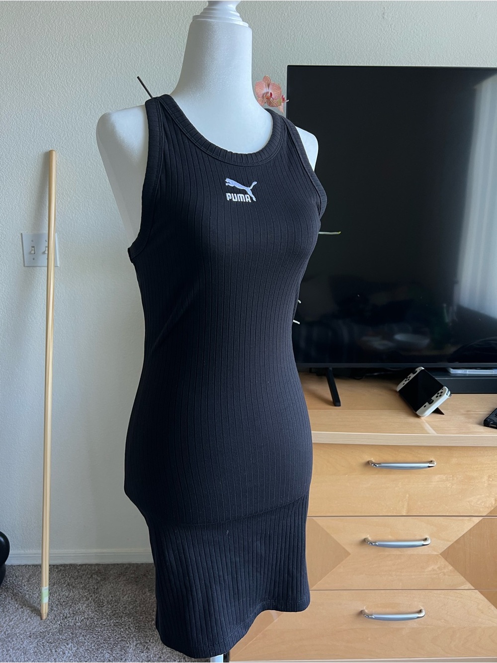 PUMA Black Ribbed Knit Bodycon Tank Dress Midi Women XS